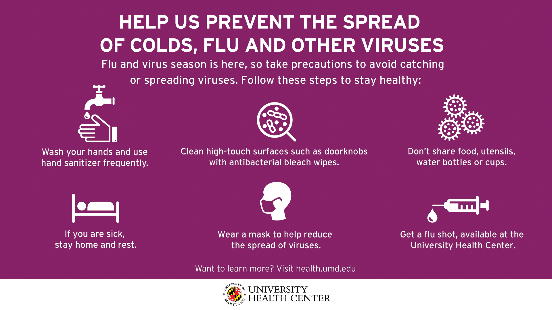 Graphic with six steps to help prevent the spread of colds, flu, and other viruses and the University Health Center logo underneath